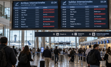 Pantalla de partidas y arribos internacionales en la terminal de Ezeiza mostrando vuelos reprogramados.