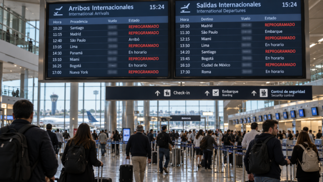 Pantalla de partidas y arribos internacionales en la terminal de Ezeiza mostrando vuelos reprogramados.