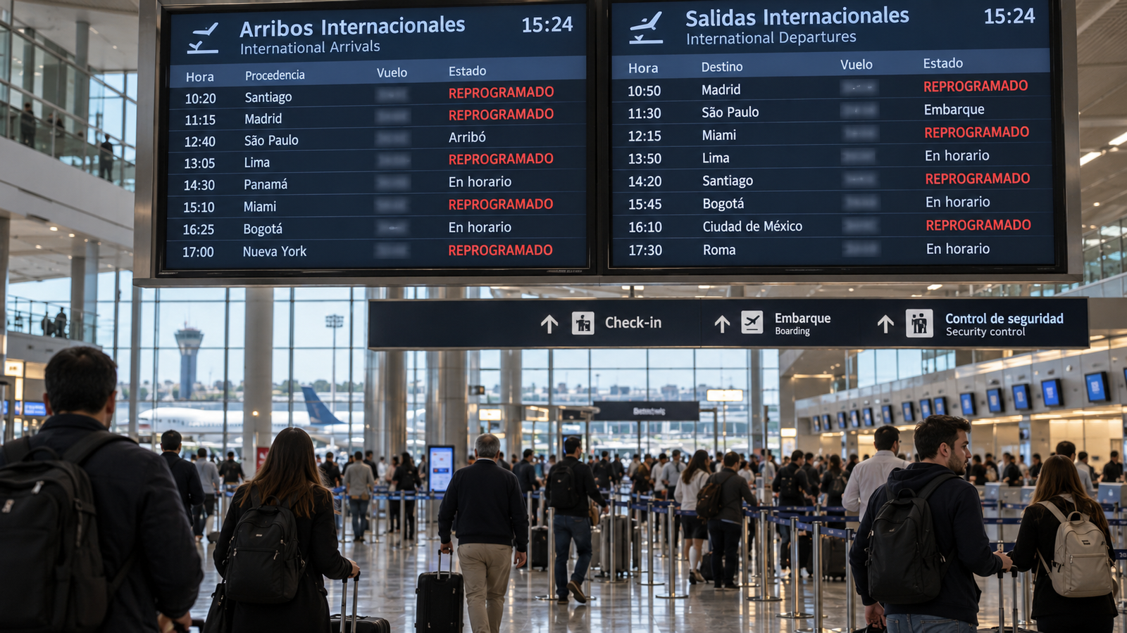 Pantalla de partidas y arribos internacionales en la terminal de Ezeiza mostrando vuelos reprogramados.