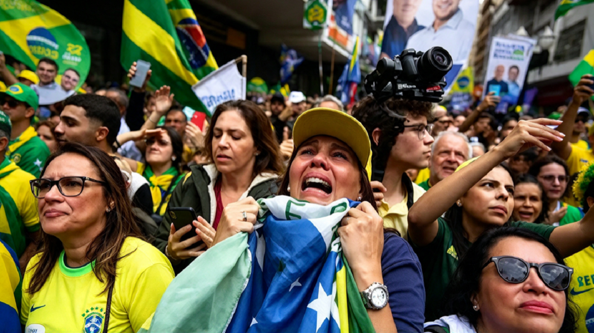 Militantes bolsonaristas agitando banderas de Brasil frente a la residencia de Barra da Tijuca en Río de Janeiro.