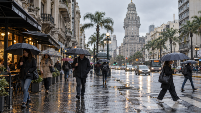 Ciudadanos caminando con paraguas bajo un cielo gris en el centro de la capital uruguaya.