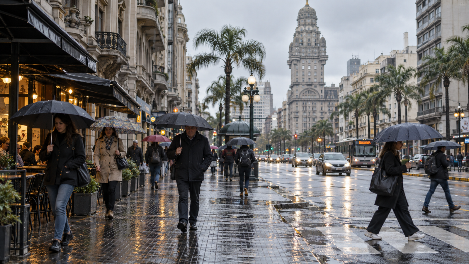 Ciudadanos caminando con paraguas bajo un cielo gris en el centro de la capital uruguaya.