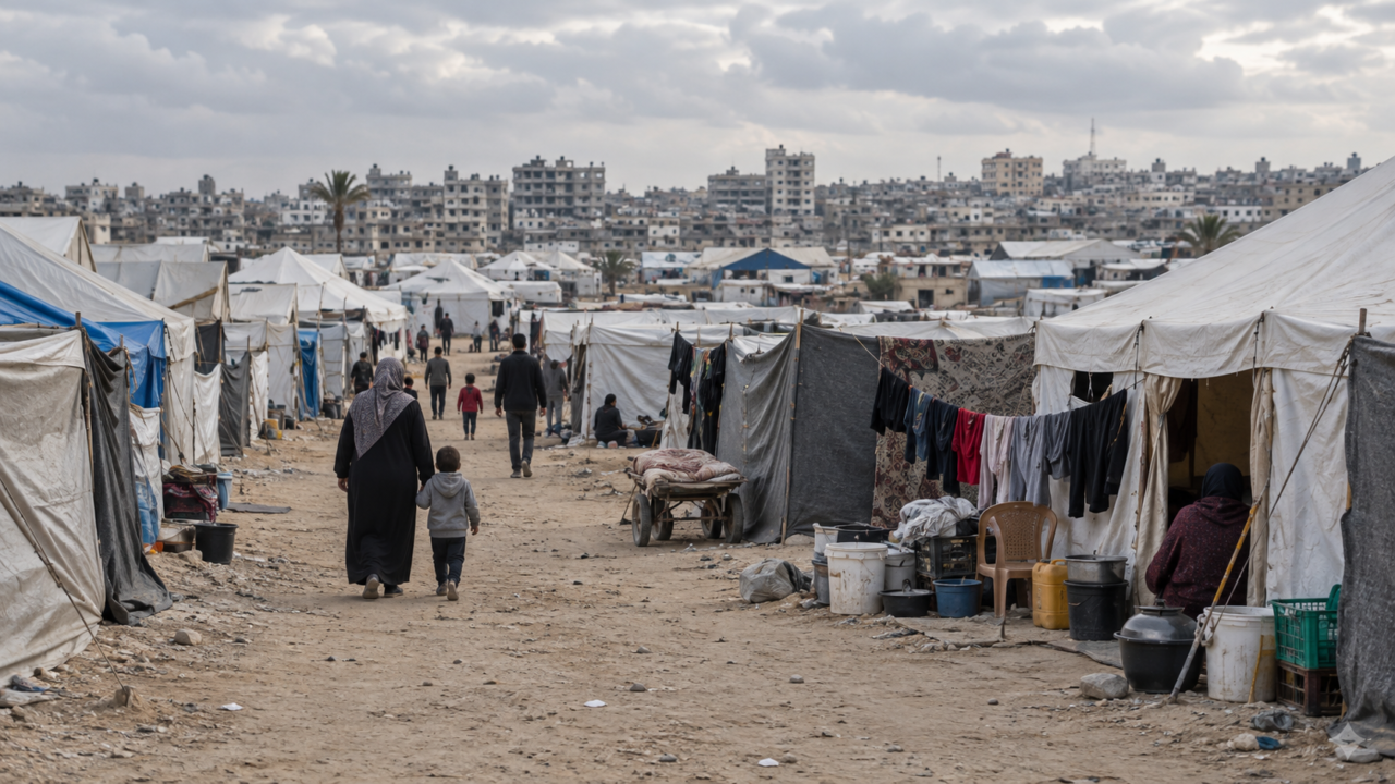 Tiendas de campaña y refugios improvisados en un campamento de desplazados en Gaza.