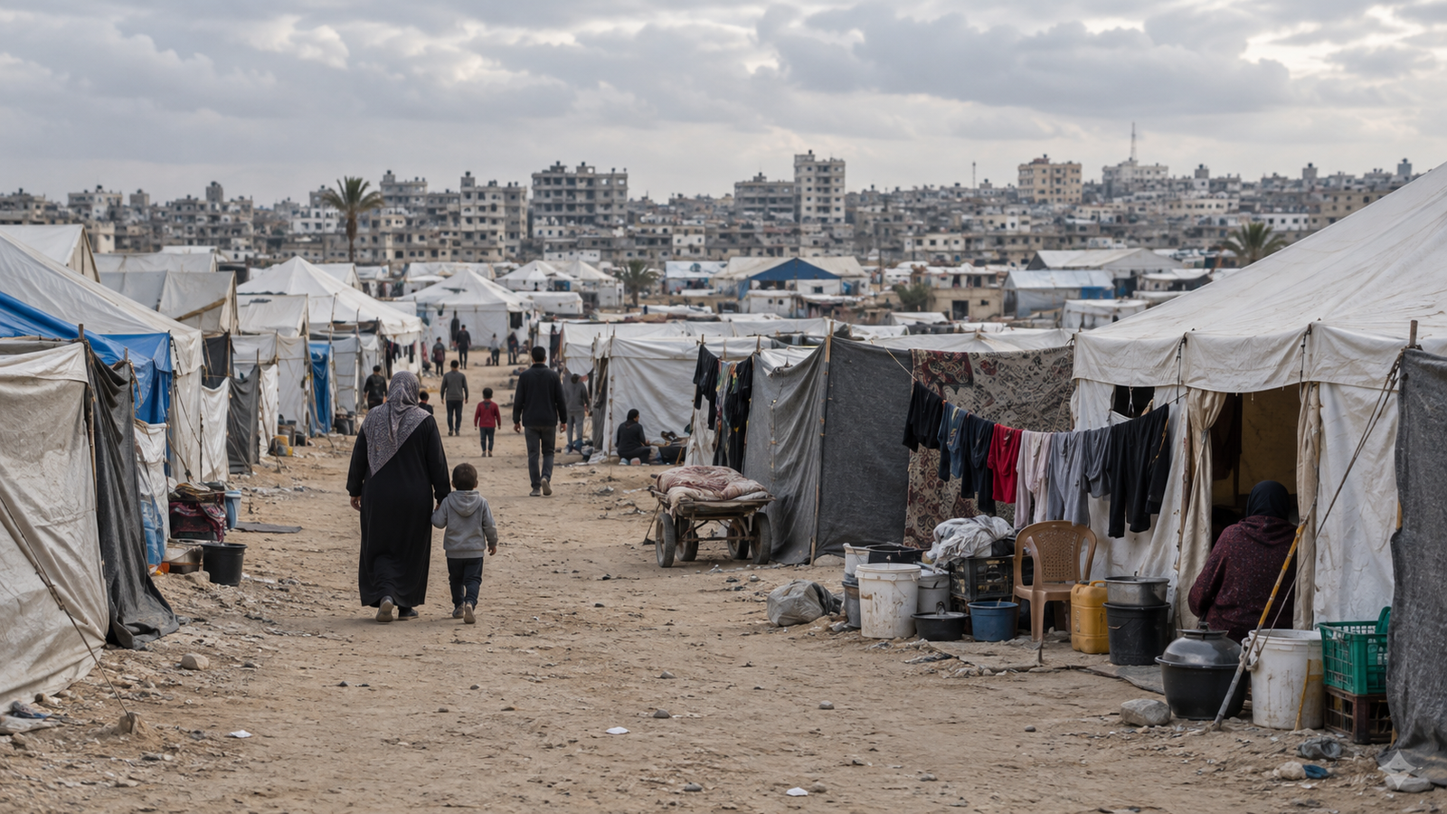 Tiendas de campaña y refugios improvisados en un campamento de desplazados en Gaza.