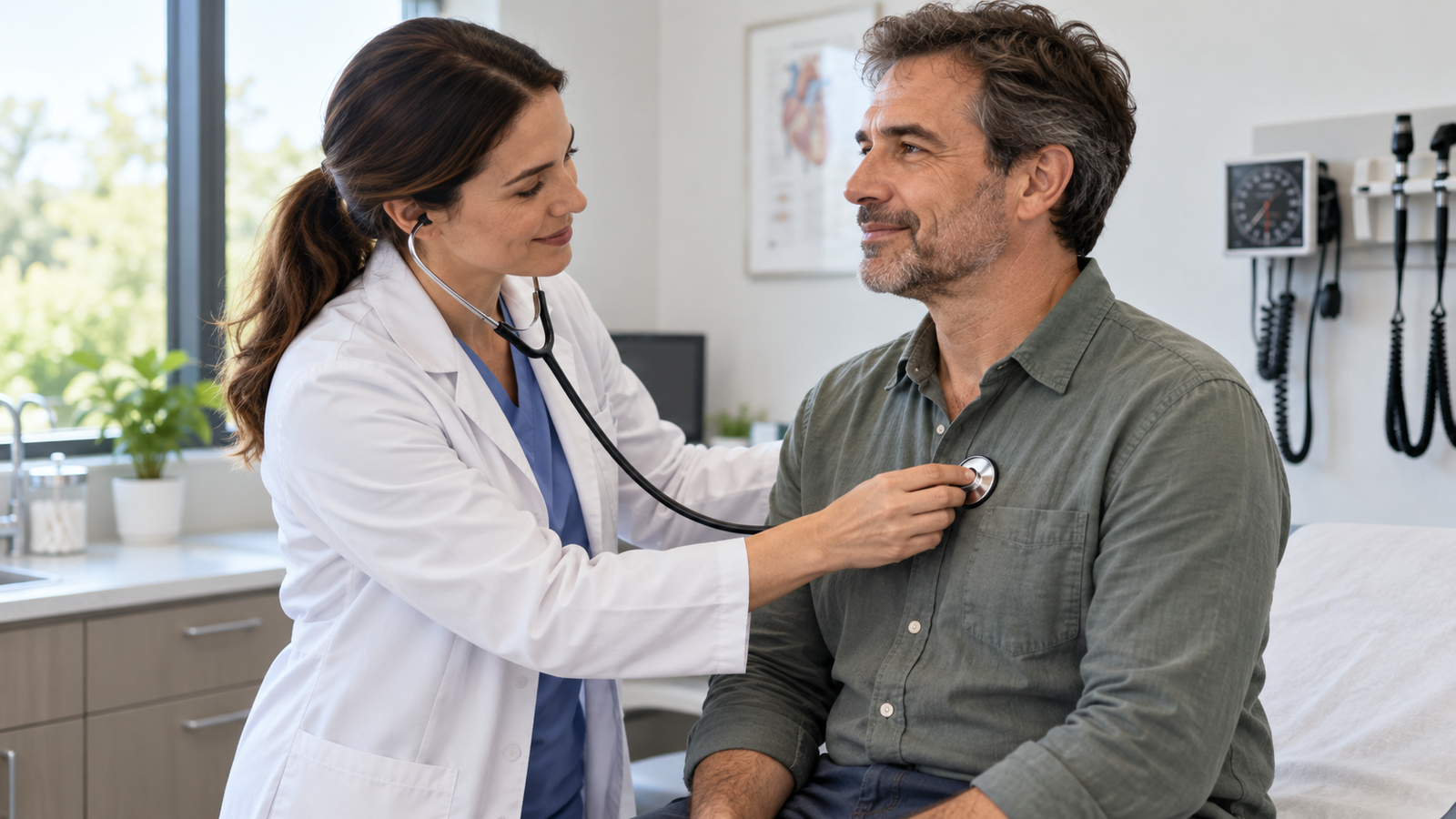Médico realizando un chequeo cardiovascular a un paciente adulto en un consultorio.