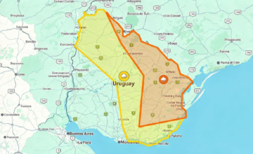 Mapa del territorio uruguayo mostrando las zonas bajo alerta naranja y amarilla por Inumet.