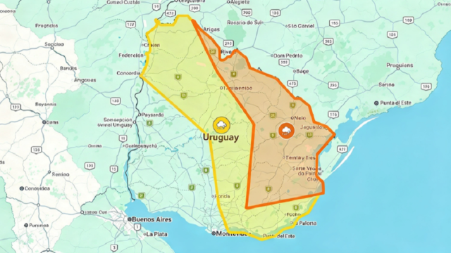 Mapa del territorio uruguayo mostrando las zonas bajo alerta naranja y amarilla por Inumet.