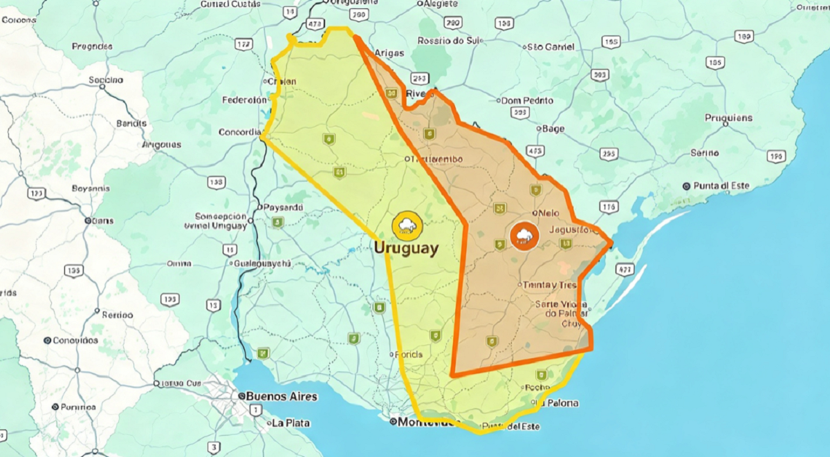 Mapa del territorio uruguayo mostrando las zonas bajo alerta naranja y amarilla por Inumet.