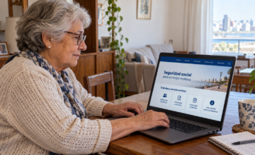 Jubilada utilizando una computadora para ingresar al sitio web del BPS.