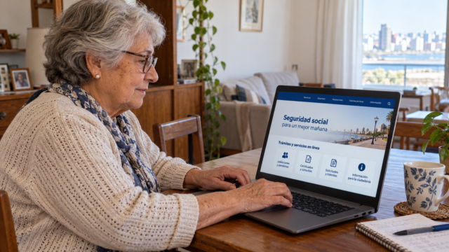 Jubilada utilizando una computadora para ingresar al sitio web del BPS.