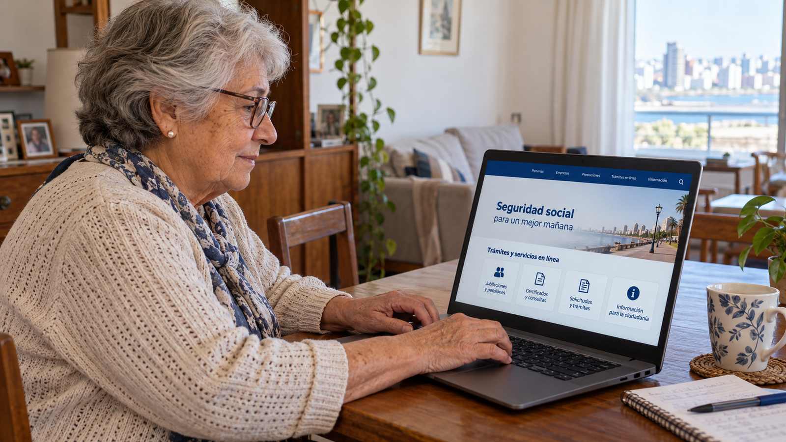 Jubilada utilizando una computadora para ingresar al sitio web del BPS.