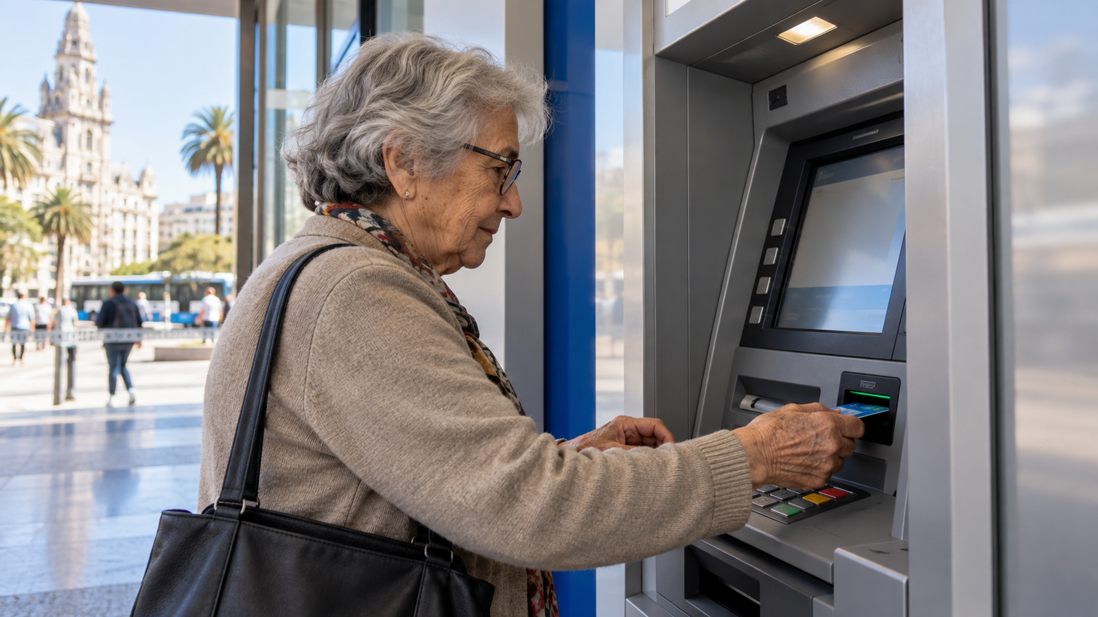 Persona mayor utilizando un cajero automático para retirar su haber jubilatorio.