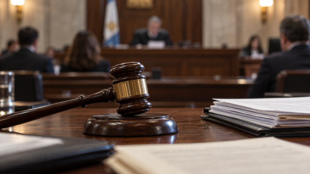 Mazo judicial sobre un escritorio durante la lectura de una sentencia.