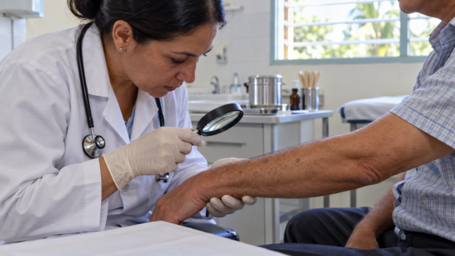 Médico examinando manchas dermatológicas en el brazo de un paciente.