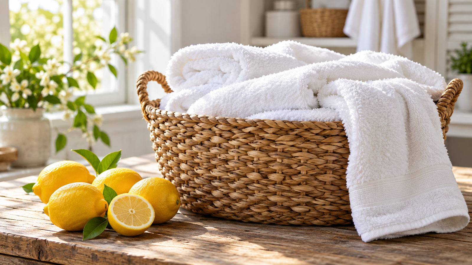 Cesta con toallas blancas limpias y limones sobre una mesa de madera.