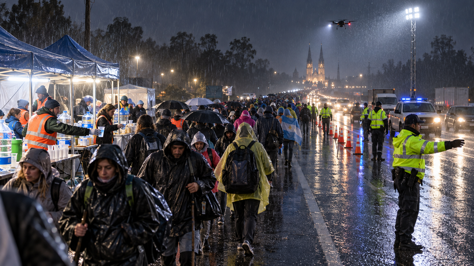 Peregrinos con trajes impermeables y paraguas frente a la Basílica de Luján bajo la lluvia.