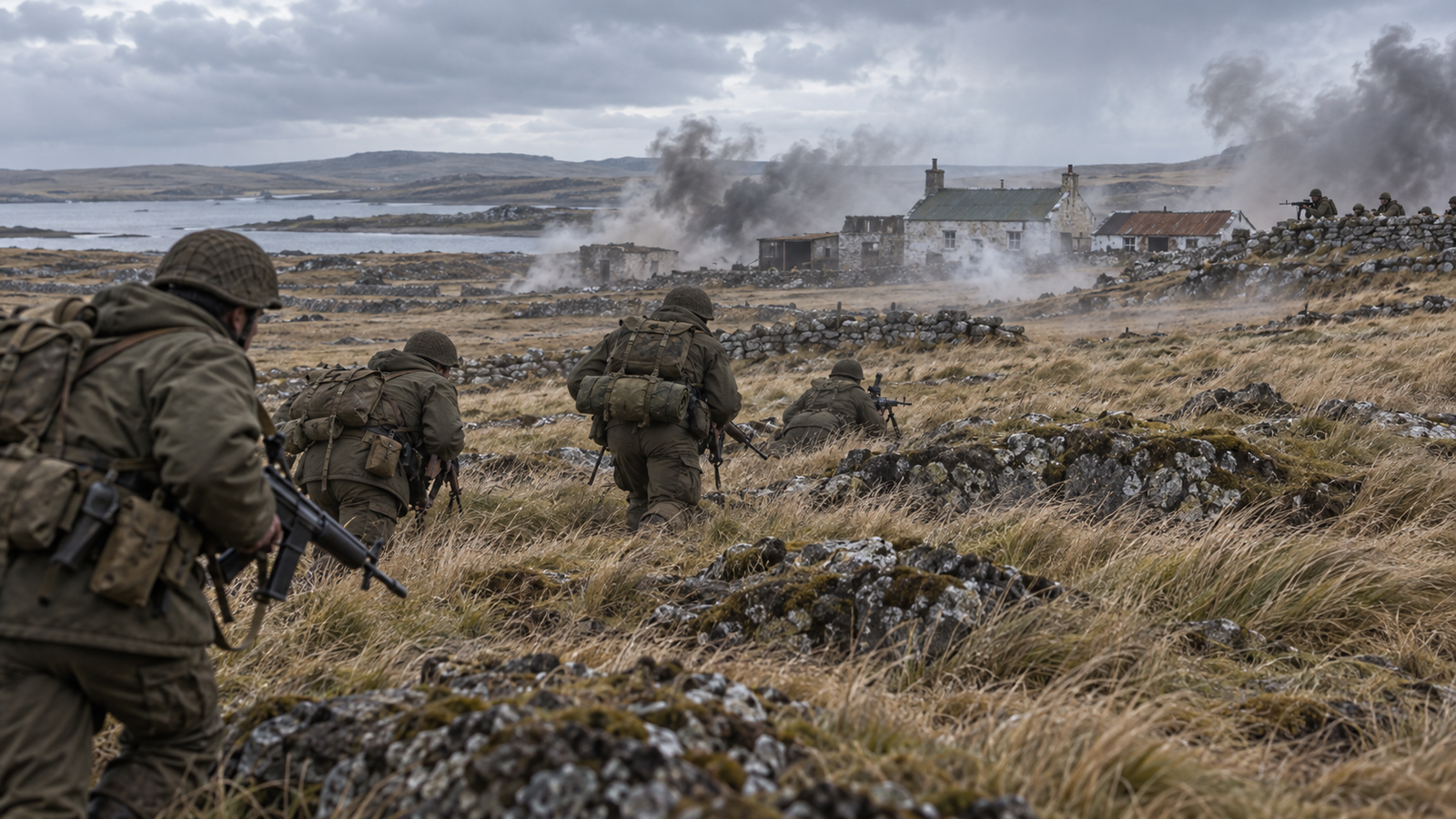 Soldados argentinos avanzan entre la hierba y las rocas durante una recreación del combate de Pradera del Ganso, en Malvinas.