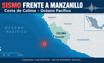 Placa del reporte del Servicio Sismológico Nacional indicando el epicentro en Manzanillo.