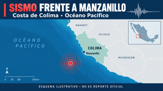 Placa del reporte del Servicio Sismológico Nacional indicando el epicentro en Manzanillo.