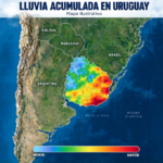 Mapa meteorológico de Sudamérica con escala de colores para lluvias acumuladas sobre Uruguay.