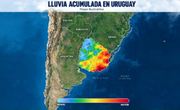 Mapa meteorológico de Sudamérica con escala de colores para lluvias acumuladas sobre Uruguay.