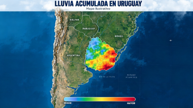 Mapa meteorológico de Sudamérica con escala de colores para lluvias acumuladas sobre Uruguay.