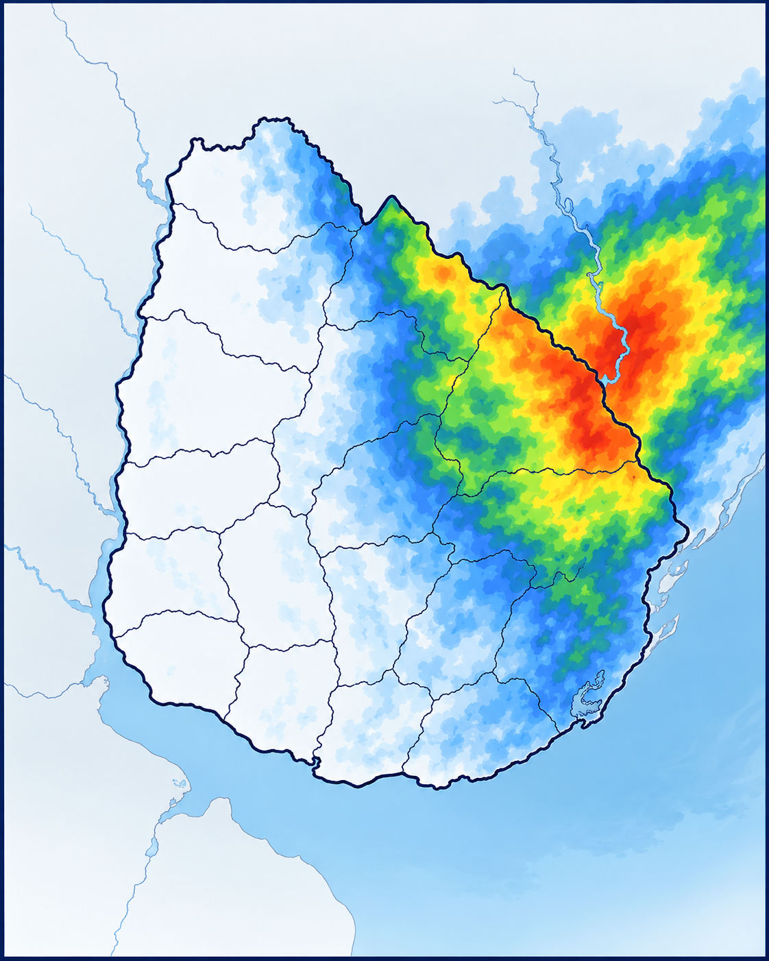 Modelo de predicción numérico mostrando el mapa de acumulados de precipitación sobre el territorio.