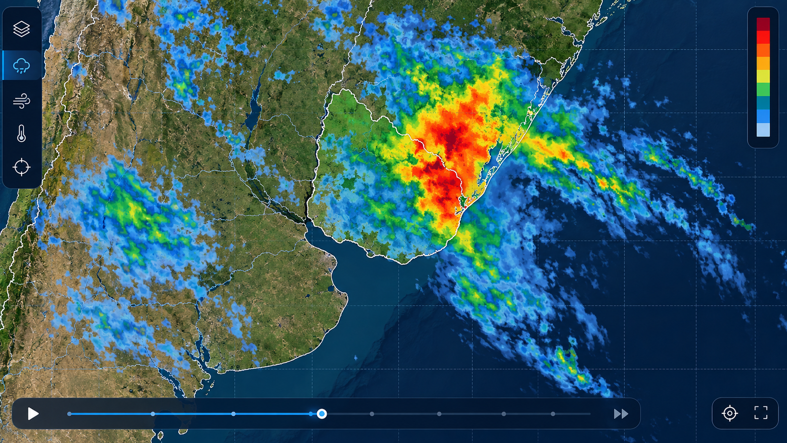 Proyección meteorológica interactiva con mapa de calor sobre la región rioplatense.