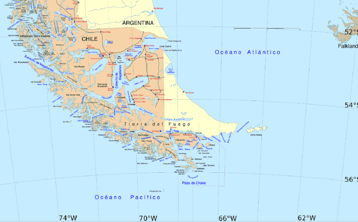 Mapa del Atlántico Sur mostrando las Islas Malvinas y la Patagonia.