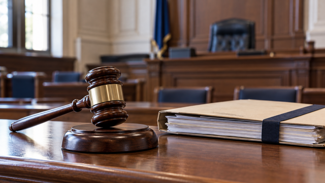 Martillo judicial y expediente penal sobre un escritorio de tribunal.