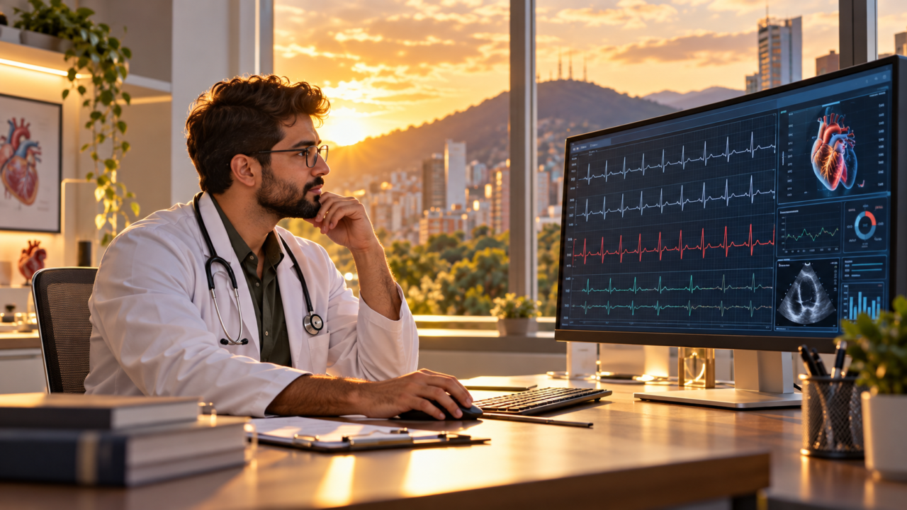 Médico analizando en una pantalla digital electrocardiogramas e informes sobre salud cardiovascular.