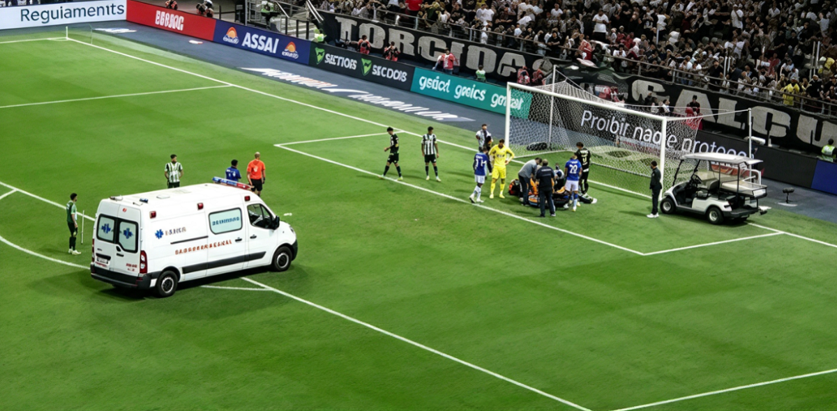 Ambulancia ingresando al campo de juego durante un partido de fútbol.