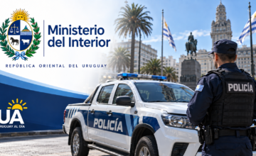 Fachada institucional del Ministerio del Interior con el escudo nacional.