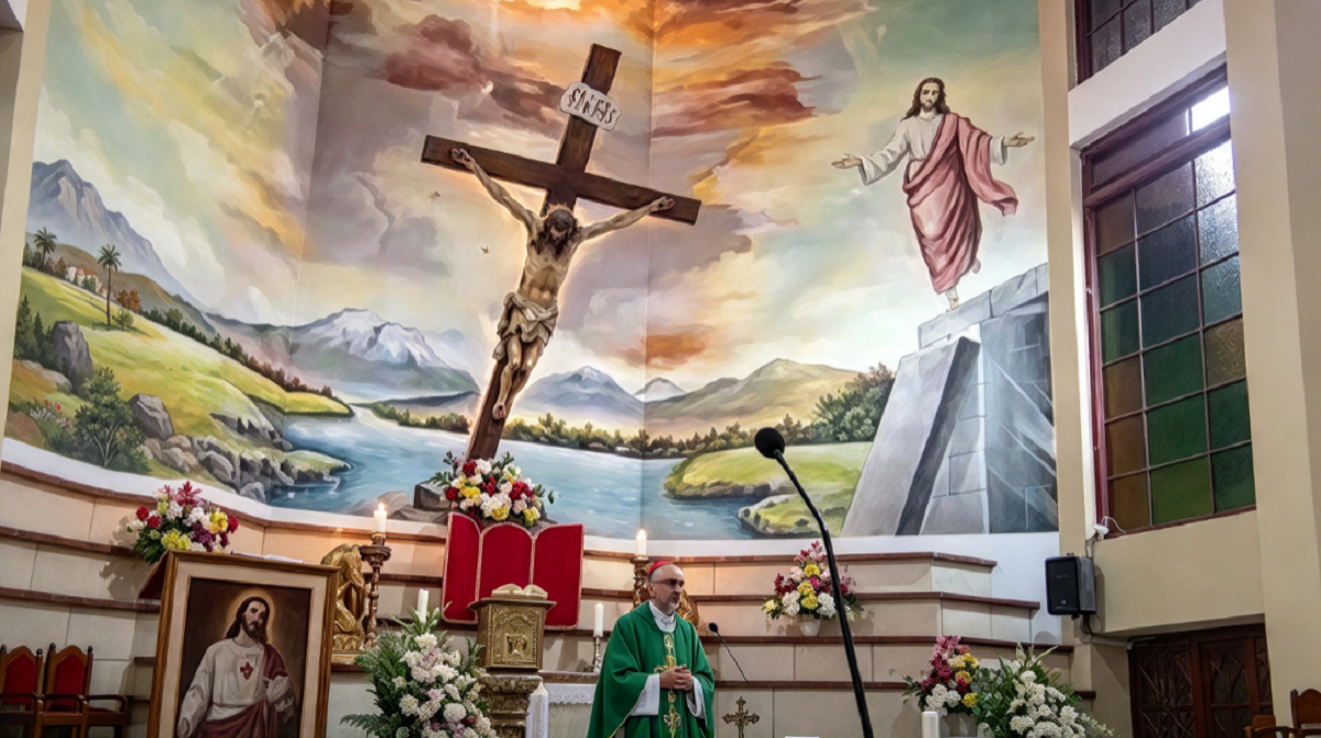 Vista del altar de una iglesia católica con una cruz de madera de gran tamaño.