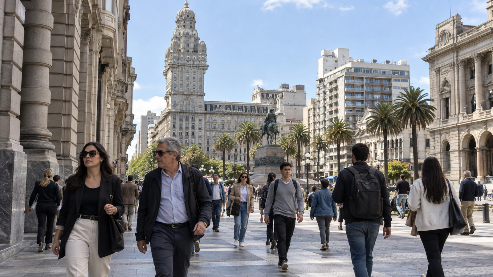 Ciudadanos caminando por las calles de Montevideo frente a edificios institucionales.