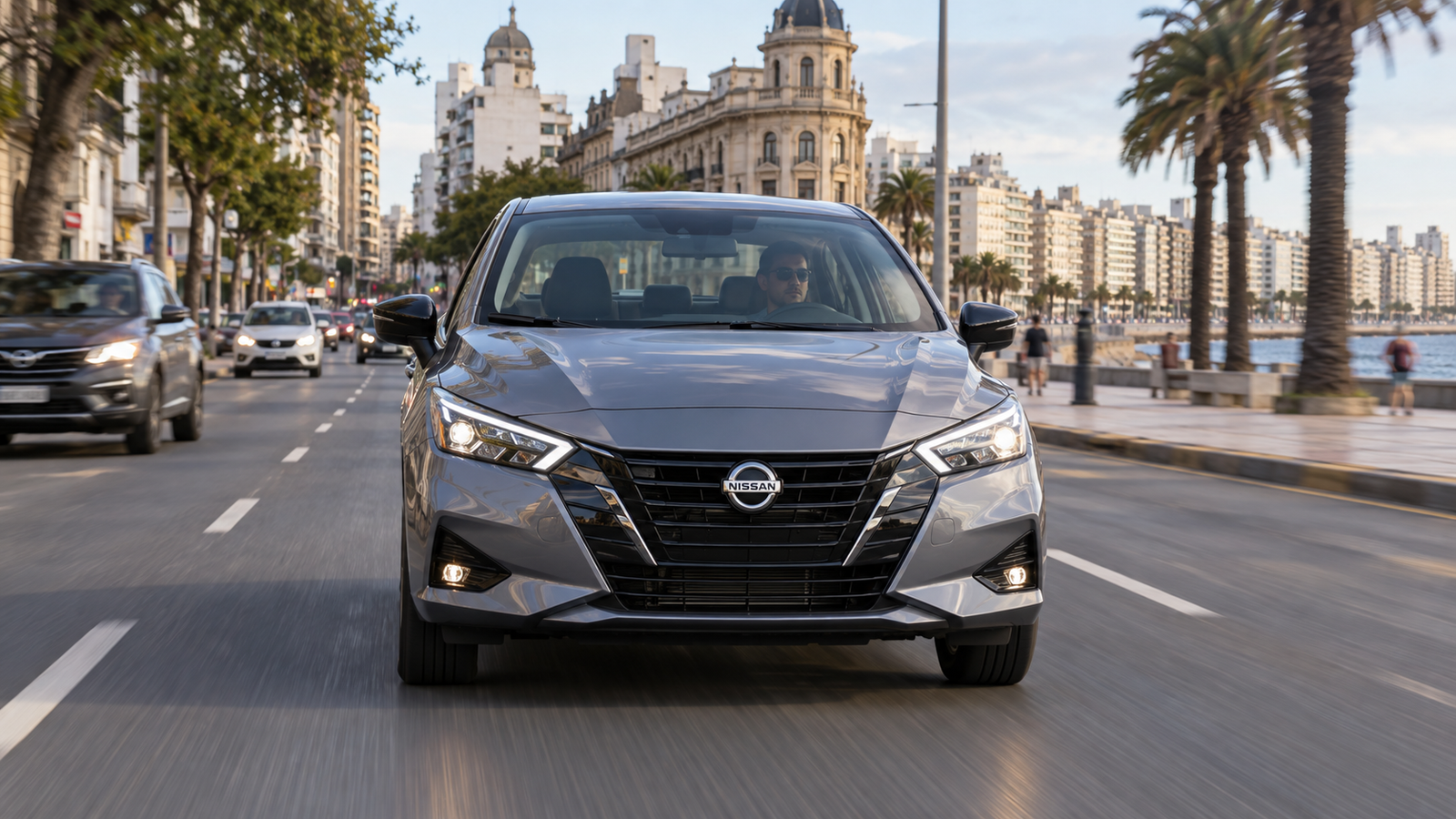 Vista de frente del Nissan Versa conducido por una calle de la ciudad.
