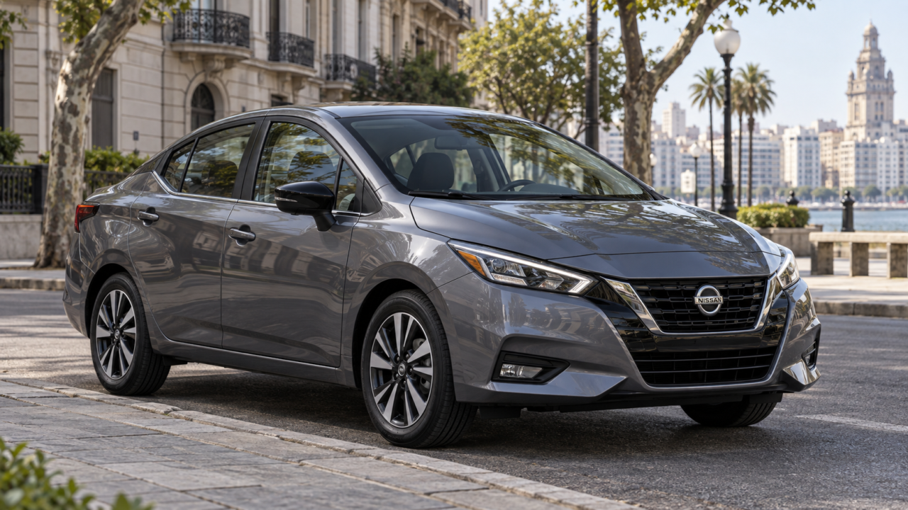 Vehículo sedán Nissan Versa 2026 estacionado en un entorno urbano