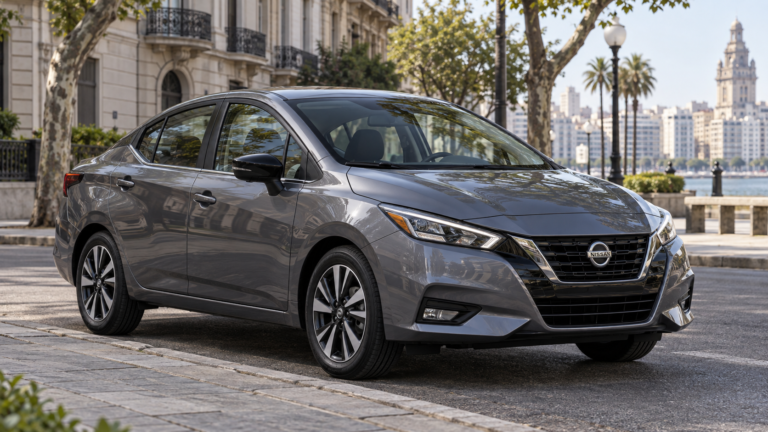 Vehículo sedán Nissan Versa 2026 estacionado en un entorno urbano