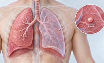 Ilustración médica interactiva de un nódulo pulmonar solitario de tres milímetros.