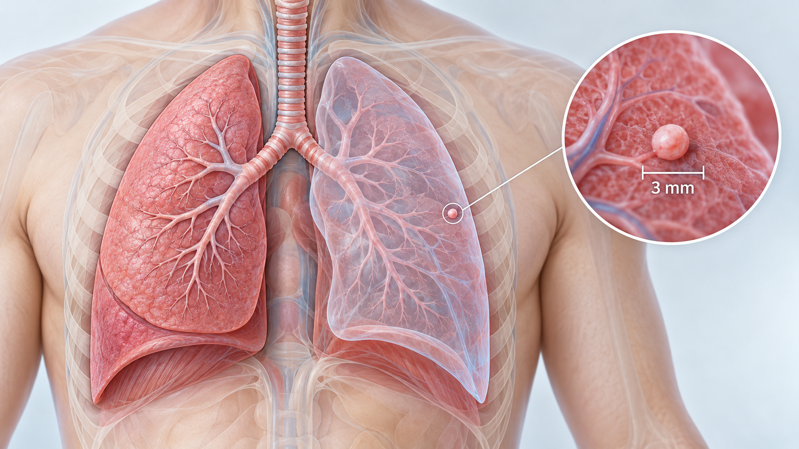 Ilustración médica interactiva de un nódulo pulmonar solitario de tres milímetros.