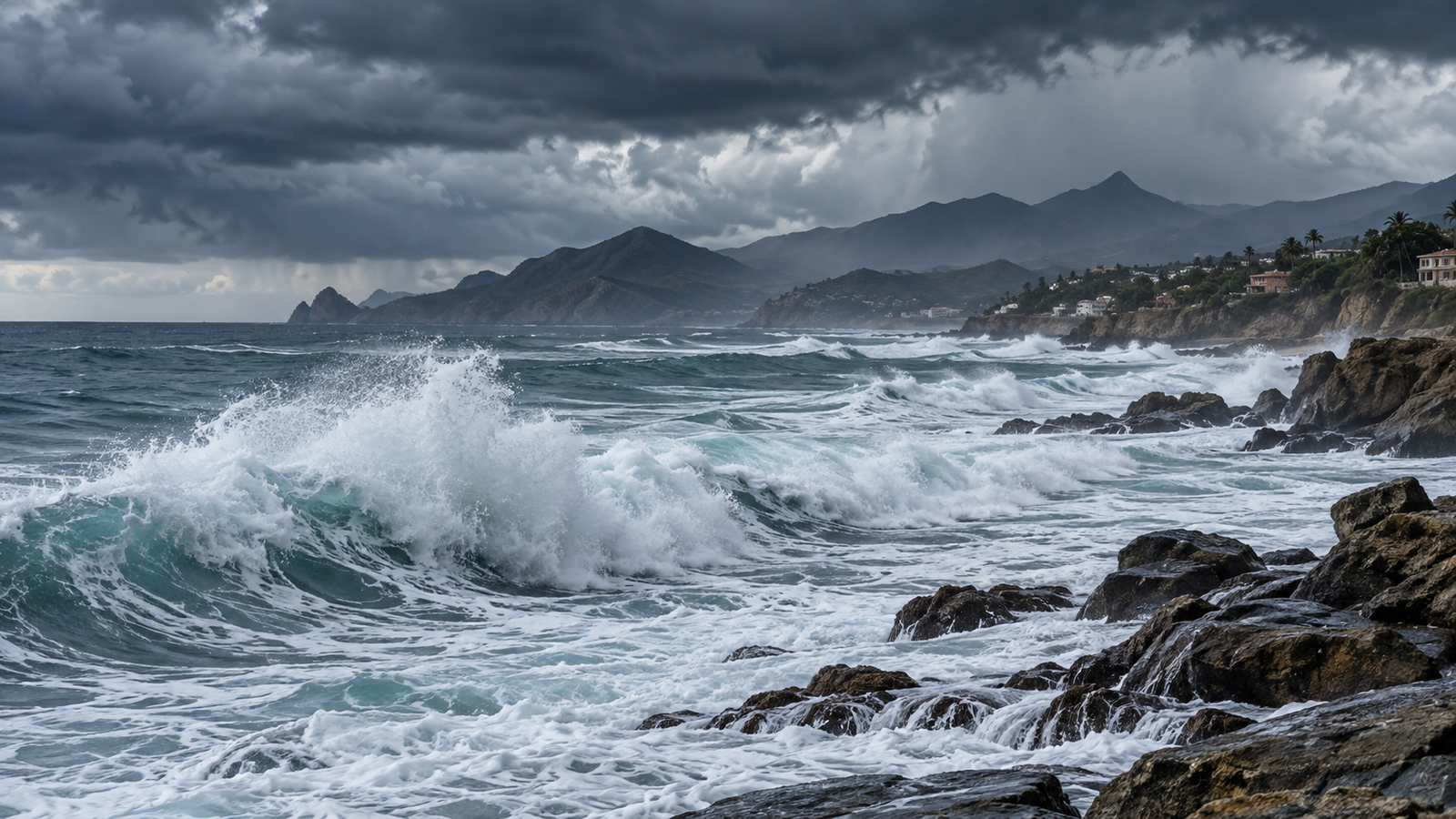 Olas de mar embravecido en la costa mexicana bajo un cielo nublado por tormenta.