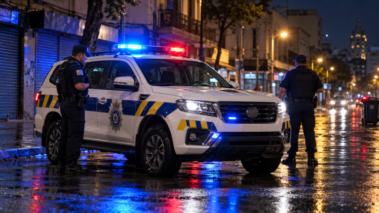 Patrullero de la Policía de Uruguay en un operativo nocturno.
