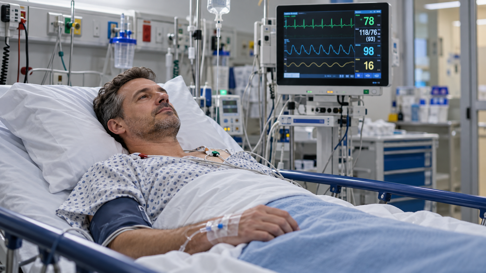 Paciente en una sala de emergencias con monitores cardíacos y equipamiento médico.