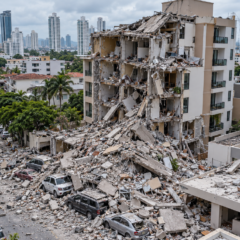 Vista aérea de vehículos sepultados bajo los escombros de un edificio colapsado por el terremoto en Panamá.