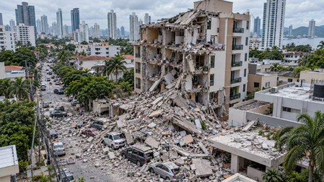 Vista aérea de vehículos sepultados bajo los escombros de un edificio colapsado por el terremoto en Panamá.