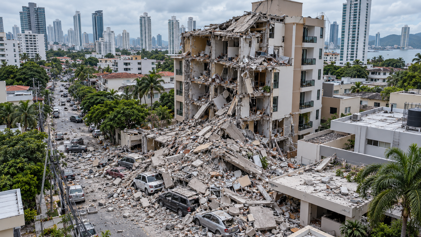 Vista aérea de vehículos sepultados bajo los escombros de un edificio colapsado por el terremoto en Panamá.