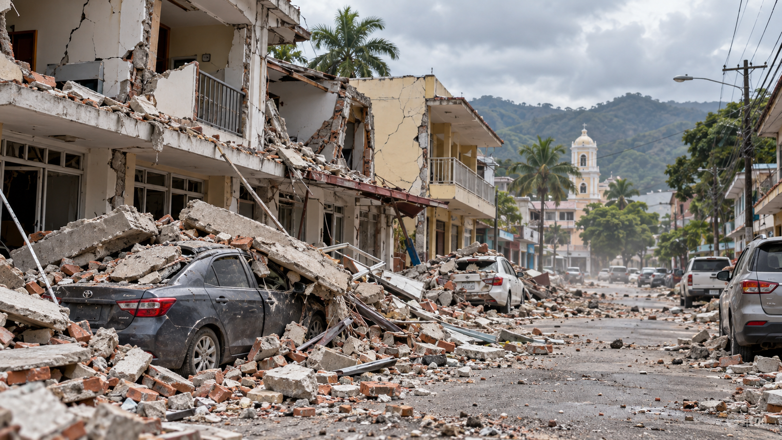 Daños estructurales y autos aplastados por escombros tras el sismo en la localidad de Penonomé.