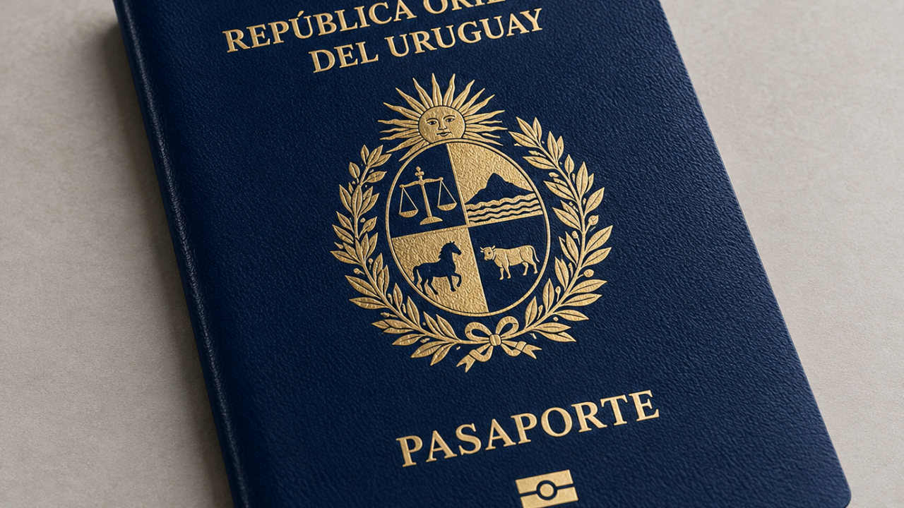 Primer plano de la portada de un pasaporte oficial de la República Oriental del Uruguay.