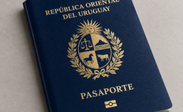 Primer plano de la portada de un pasaporte oficial de la República Oriental del Uruguay.