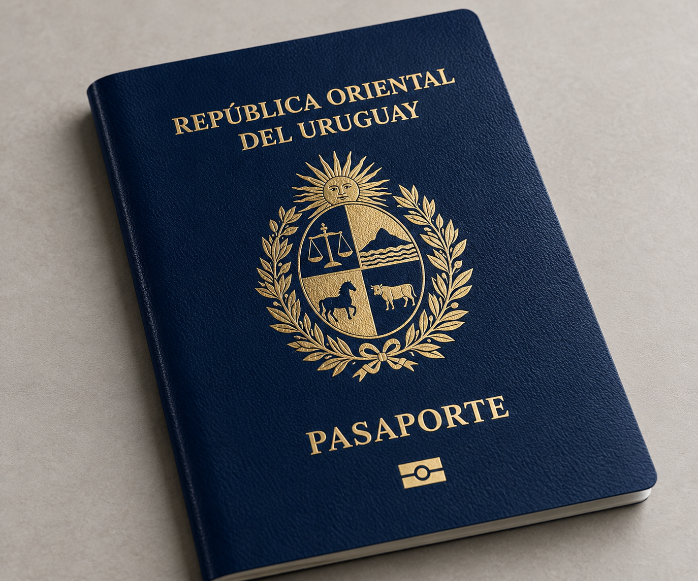 Primer plano de la portada de un pasaporte oficial de la República Oriental del Uruguay.